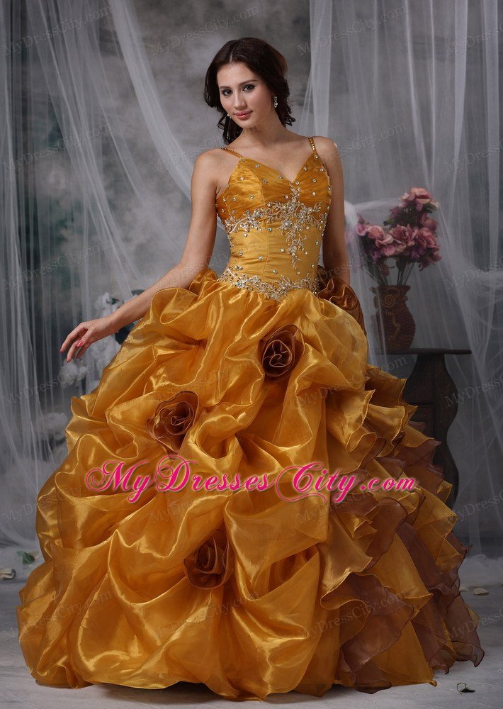 Ball Gown Spaghetti Straps Organza Beading Sweet 15 Dress